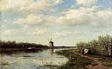 Figures On A Country Road Along A Waterway, A Windmill In The Distance by Willem Roelofs